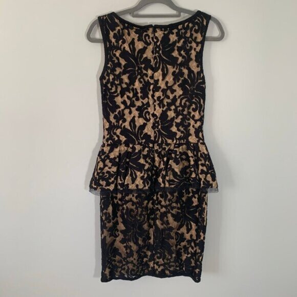 Tadashi Shoji sleeveless lace overlay black nude fitted peplum pencil dress - Picture 4 of 10